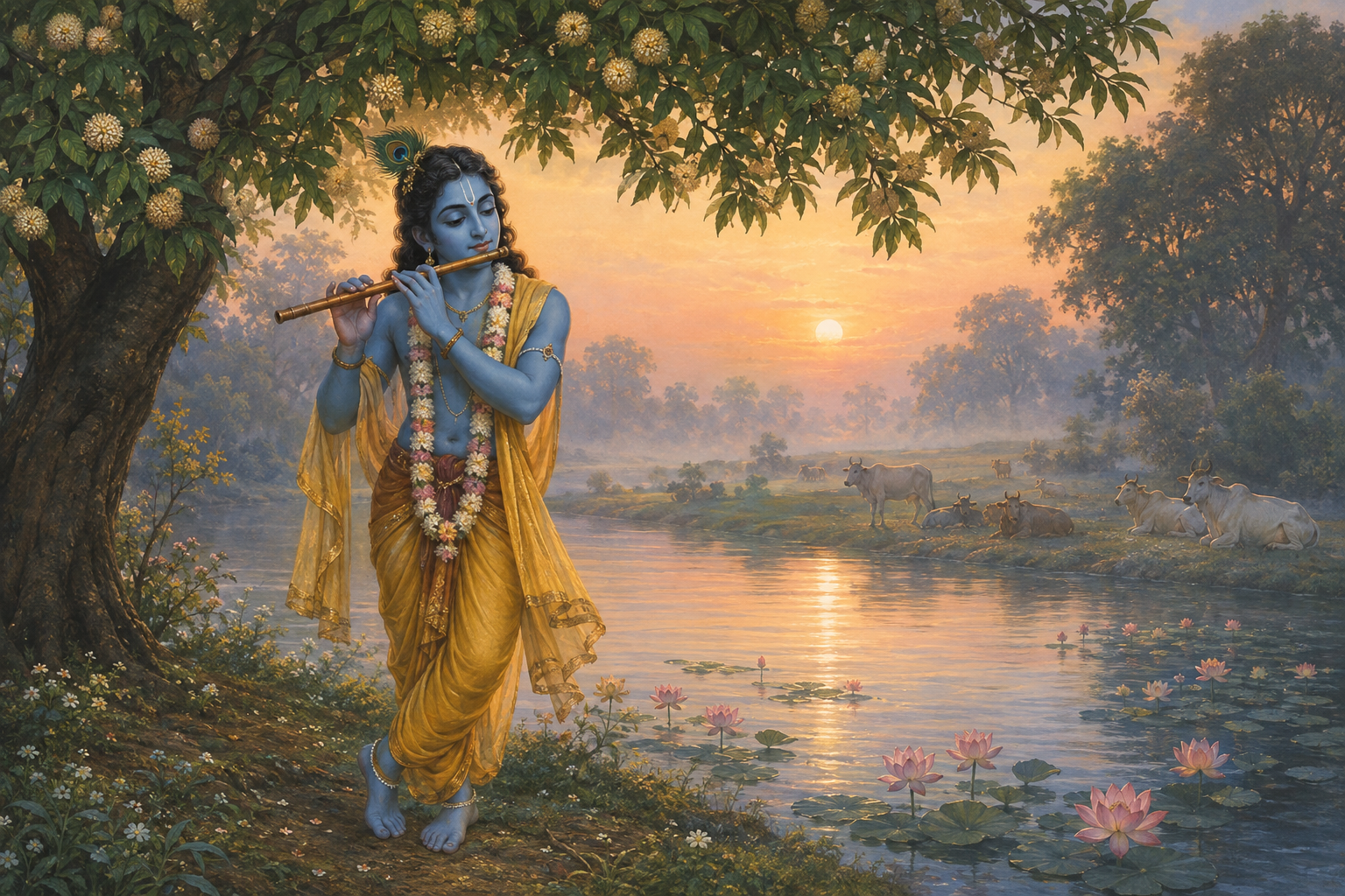 Lord Krishna stands beneath a flowering tree by the Yamuna at dawn, holding a flute as cows rest in the misty background.