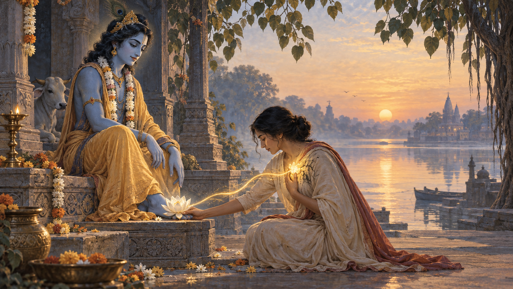 A devotee offers a white lotus before a riverside image of Mukunda as golden light opens a dark knot over the devotee's heart.