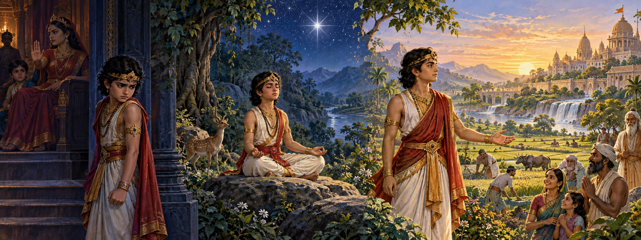 A young prince stands between a shadowed palace, a quiet forest beneath a bright star, and a dawn-lit kingdom of fields, waterways, and families.