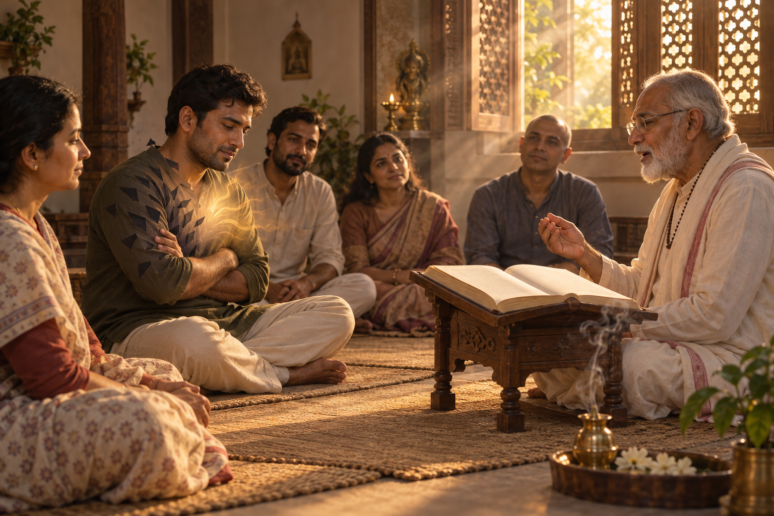 A small group listens to an elder reciting from an open sacred book while one listener's tense posture softens in warm light.