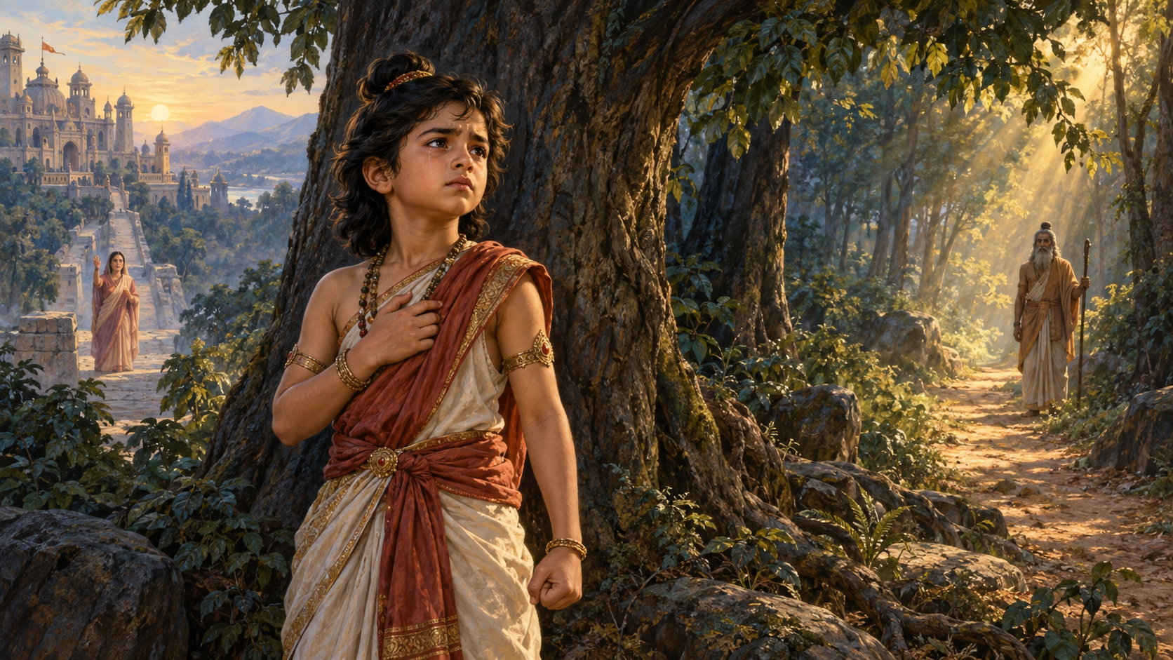 A hurt young prince pauses beneath a forest tree between a distant palace and a sage waiting on a sunlit path.