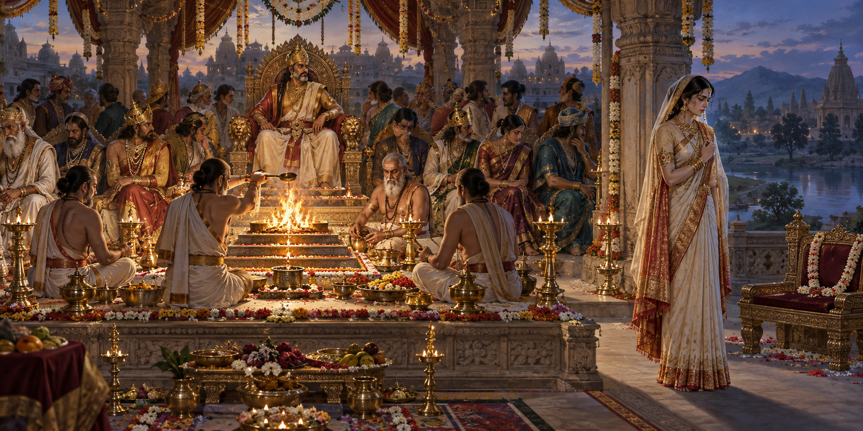 An elaborate fire sacrifice takes place in a decorated pavilion while an isolated woman stands beside an empty place and guests look away.