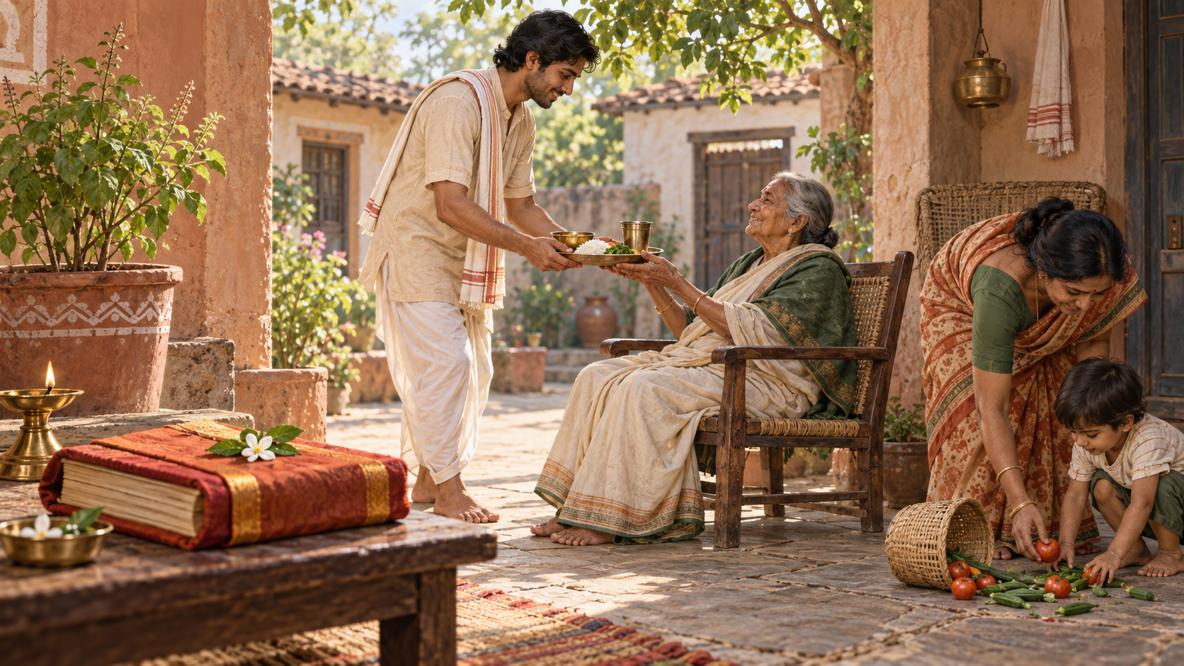 A devotee moves from a closed sacred book to serve food to an elder and help a child in a courtyard.