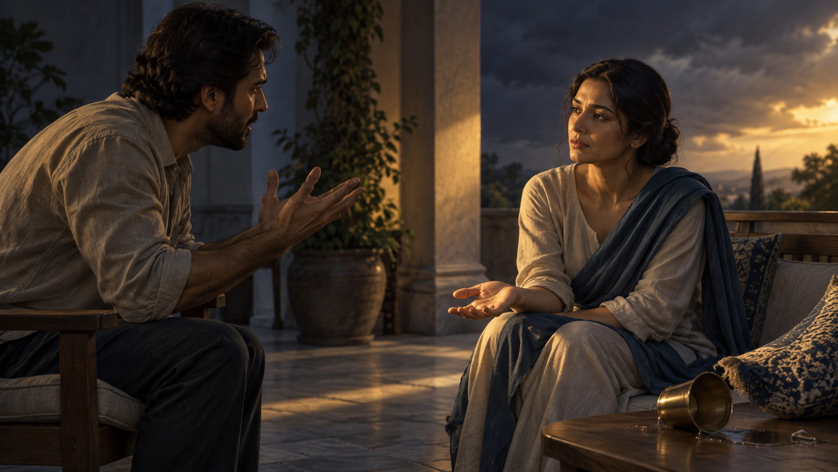 During a tense disagreement on a veranda, one person gestures in frustration while the other pauses with a relaxed posture and open hand.