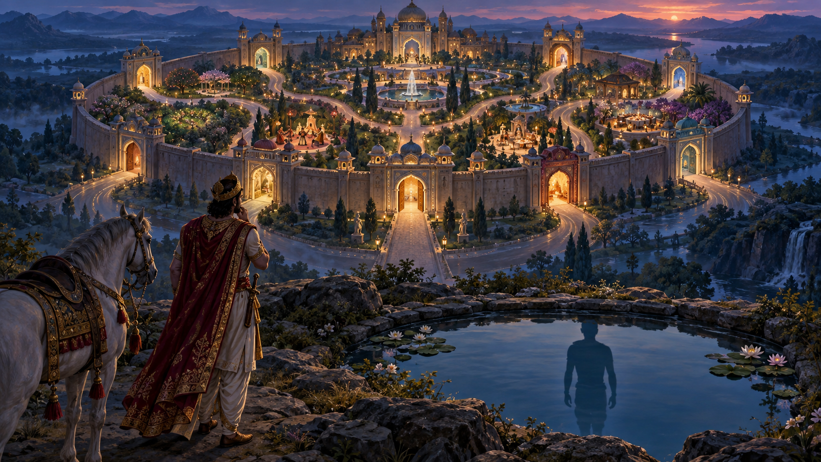 A solitary traveler faces a many-gated illuminated city while a still pool reflects a simple human silhouette instead of the buildings.