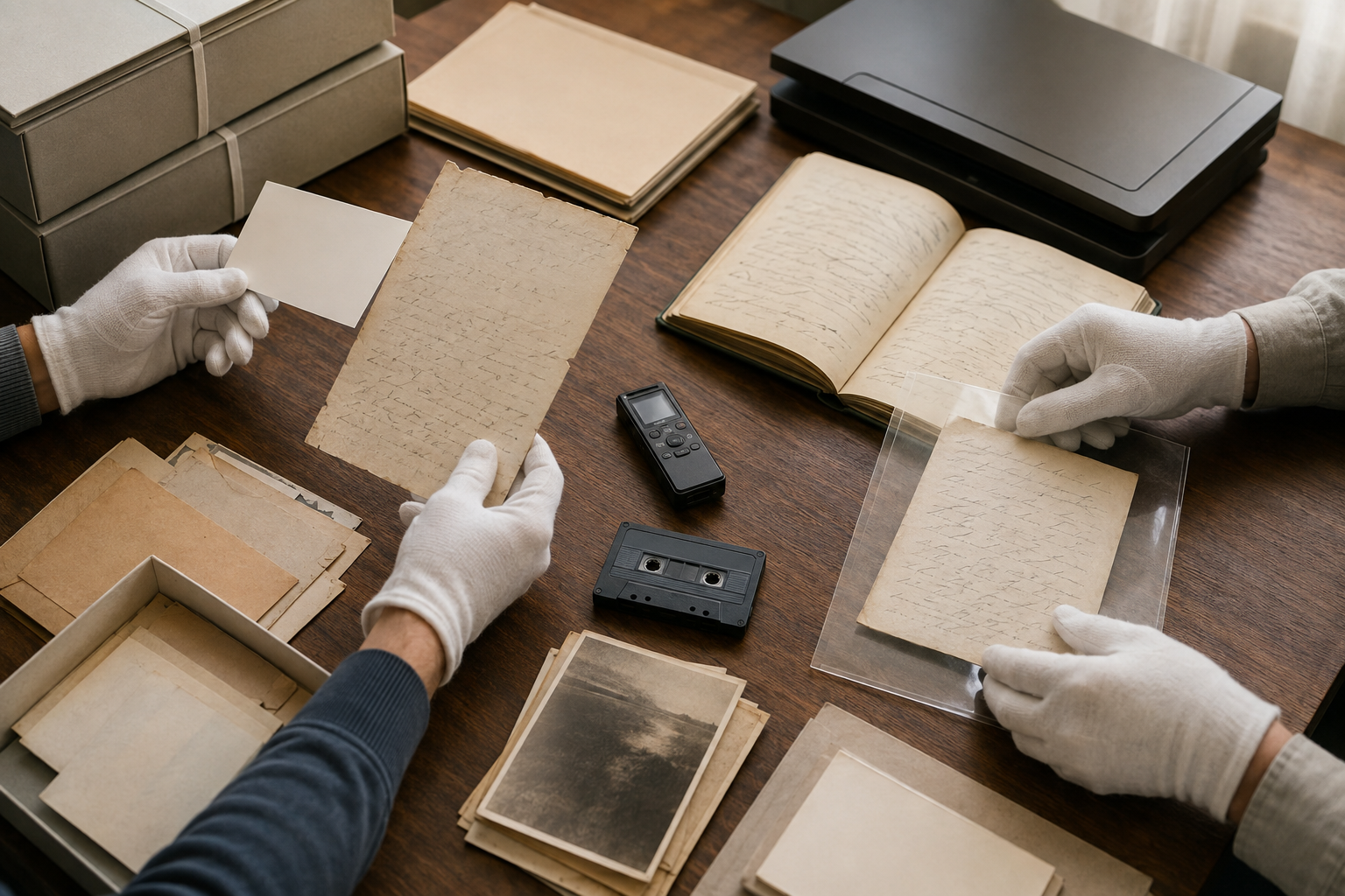 Gloved hands organize old letters, notebooks, photographs, and an audio cassette into archival folders beside a scanner and recorder.