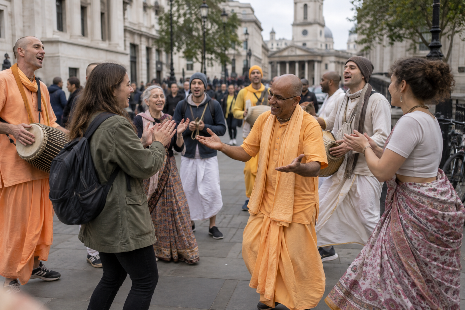 A passerby claps at the edge of a Hare Krishna dancing circle while a devotee welcomes them with an open gesture.