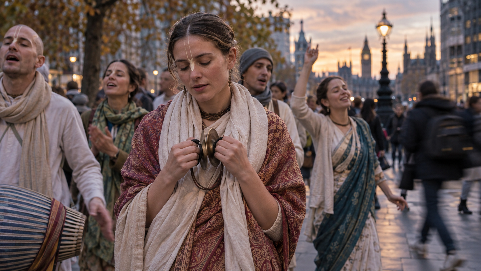 A focused kirtan participant holds hand cymbals near the heart as devotees chant and pedestrians move through the London background.