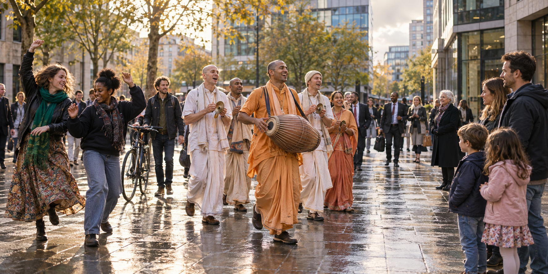 A Hare Krishna kirtan procession shares a London pedestrian space with onlookers, commuters, a family, and people beginning to dance.