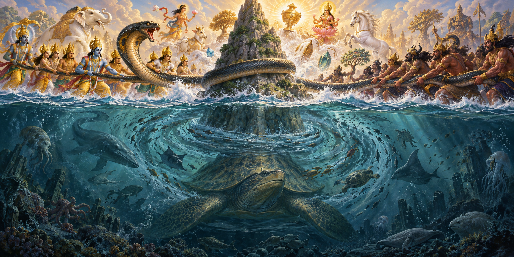 Devas and asuras churn the ocean around Mount Mandara while marine animals are swept through dark turbulent water beneath the emerging nectar.