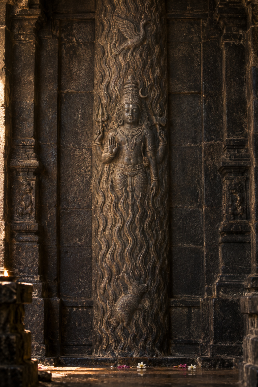 Granite Lingodbhava relief showing Shiva emerging from a flame-edged pillar, with a hamsa above and a boar below.