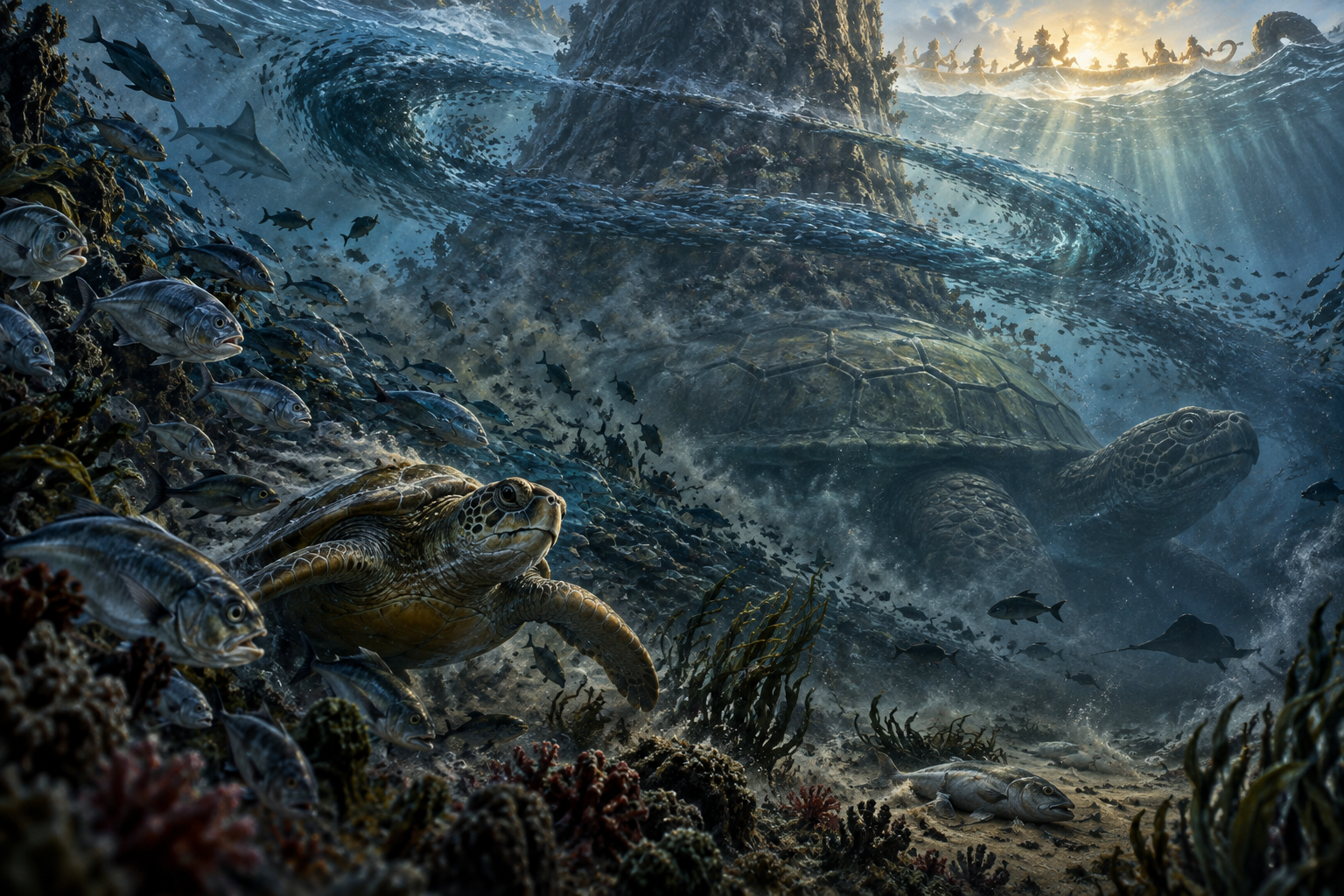 Fish and turtles are caught in powerful underwater currents around Mount Mandara as damaged coral and motionless sea creatures settle below.