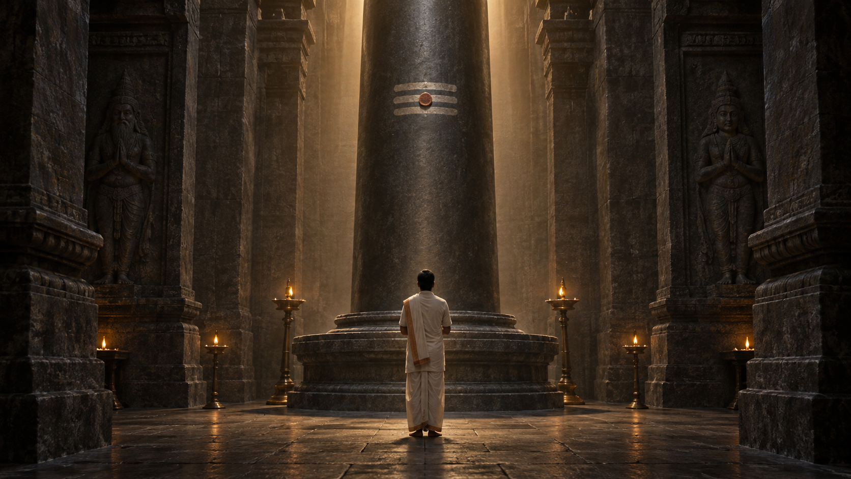 A standing devotee quietly faces the tall Lingodbhava form in a dim stone temple passage.