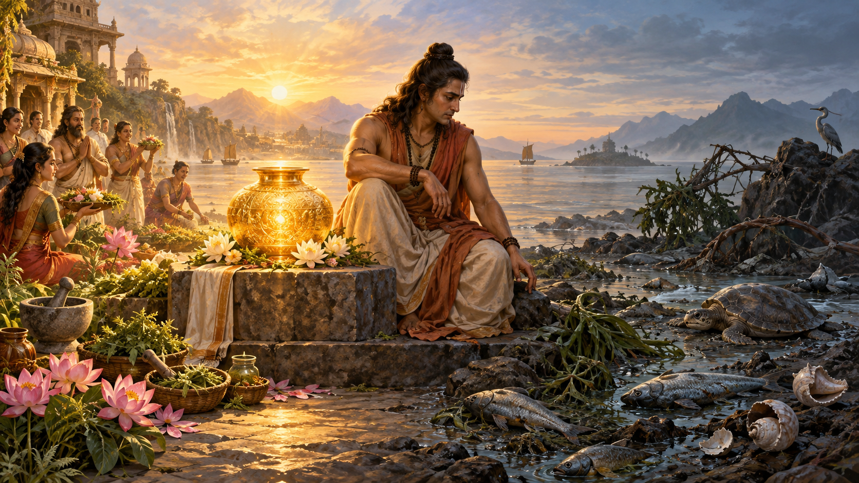 A contemplative figure sits between a glowing vessel of nectar and a shadowed pool containing fallen marine animals and damaged plants.