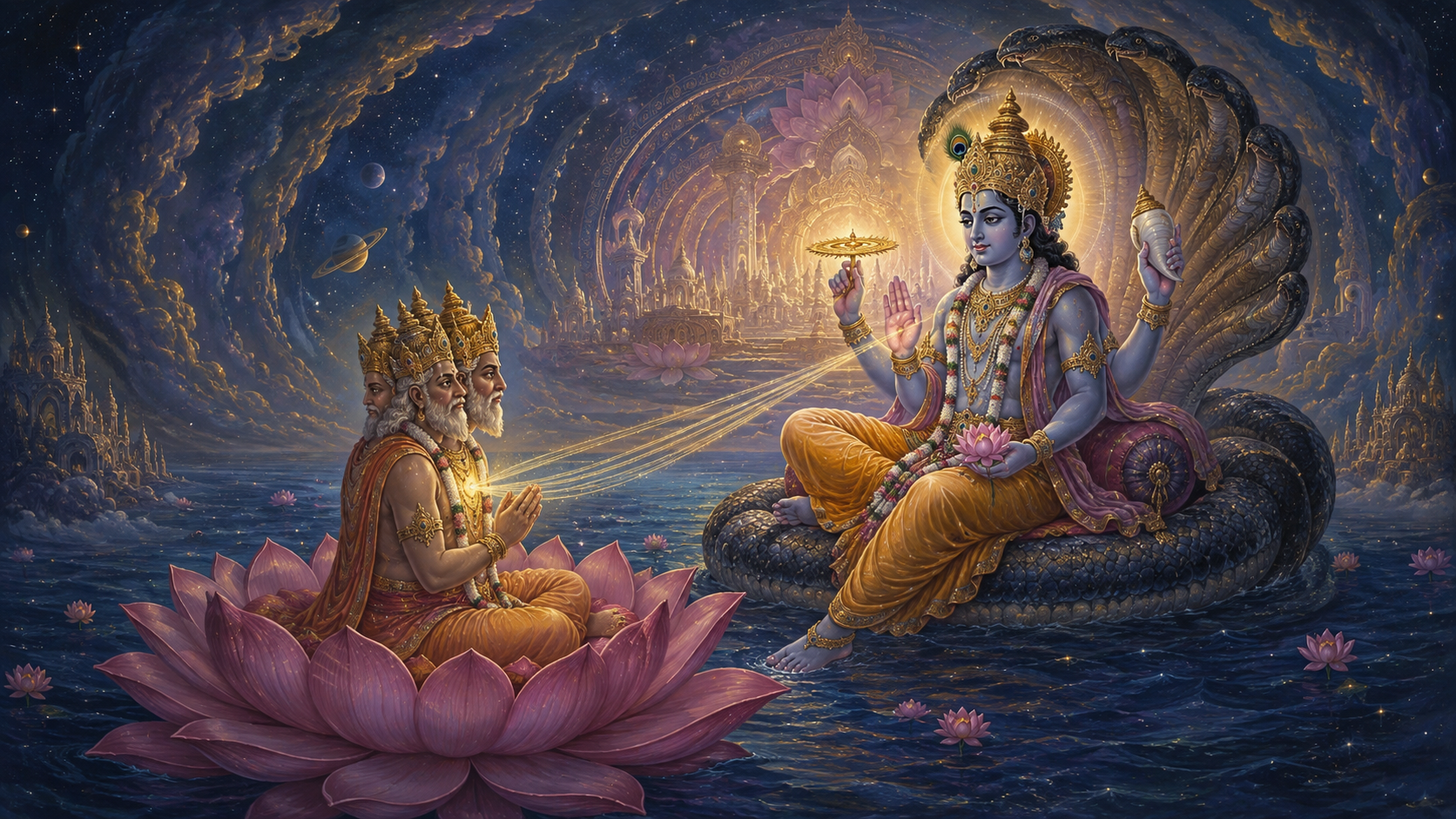 Four-faced Brahma sits on a lotus before radiant four-armed Narayana in a golden celestial sanctuary above a dark cosmic ocean.