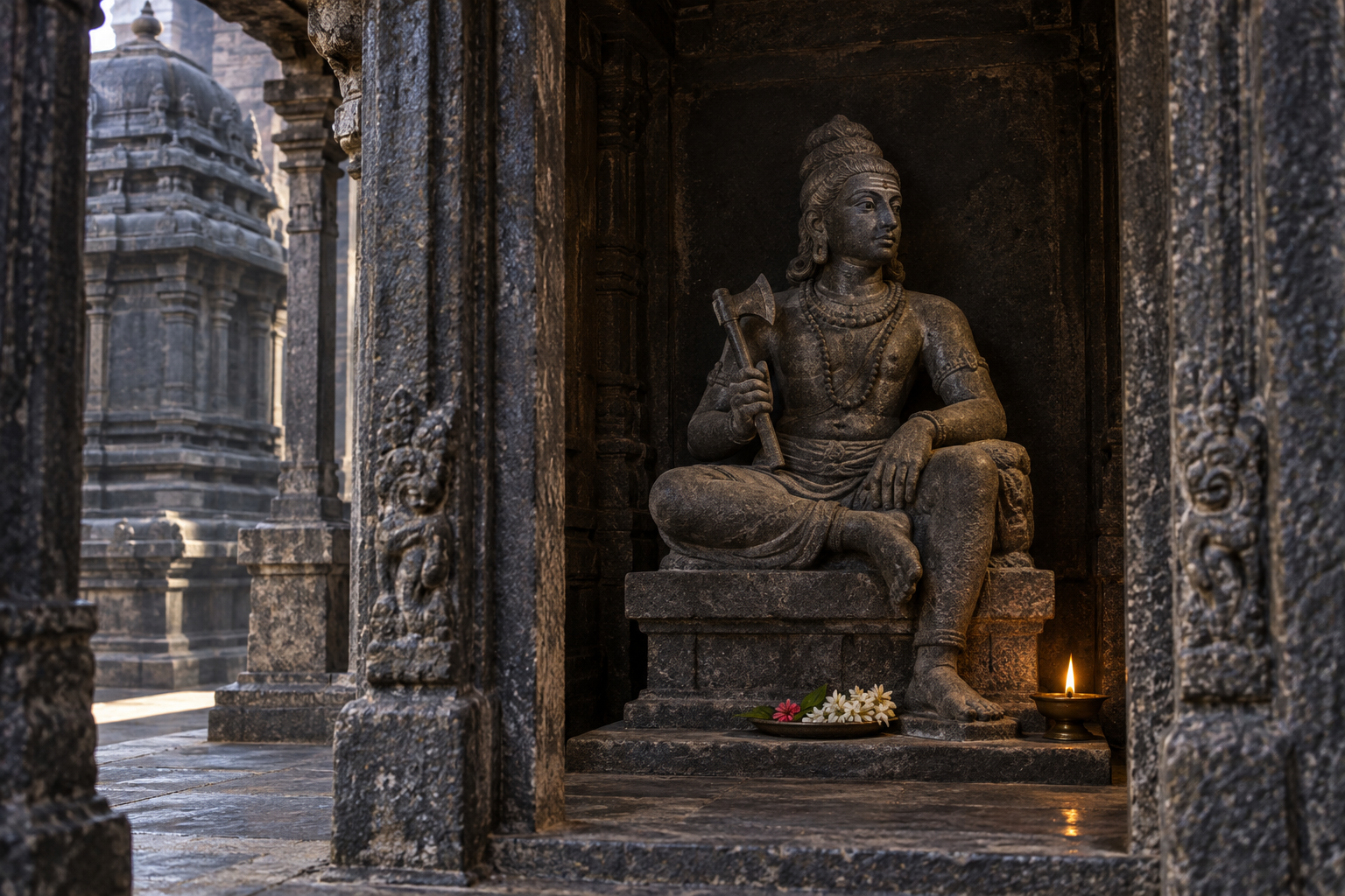 Seated Chandesha holds a small axe inside a compact granite shrine lit by an oil lamp.