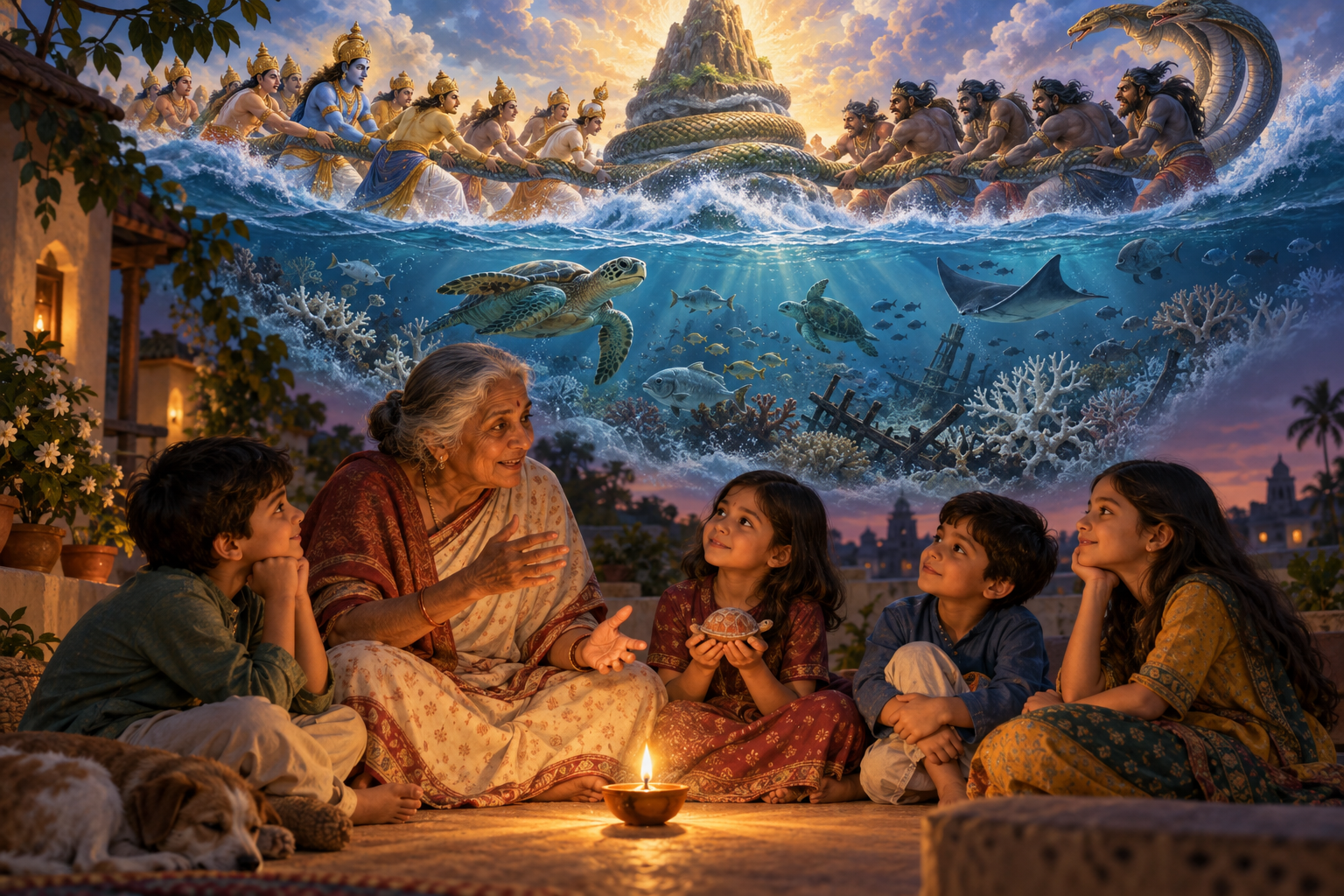 An elder tells children the story of the ocean churning while a vision behind them includes both the divine participants and endangered sea creatures below.