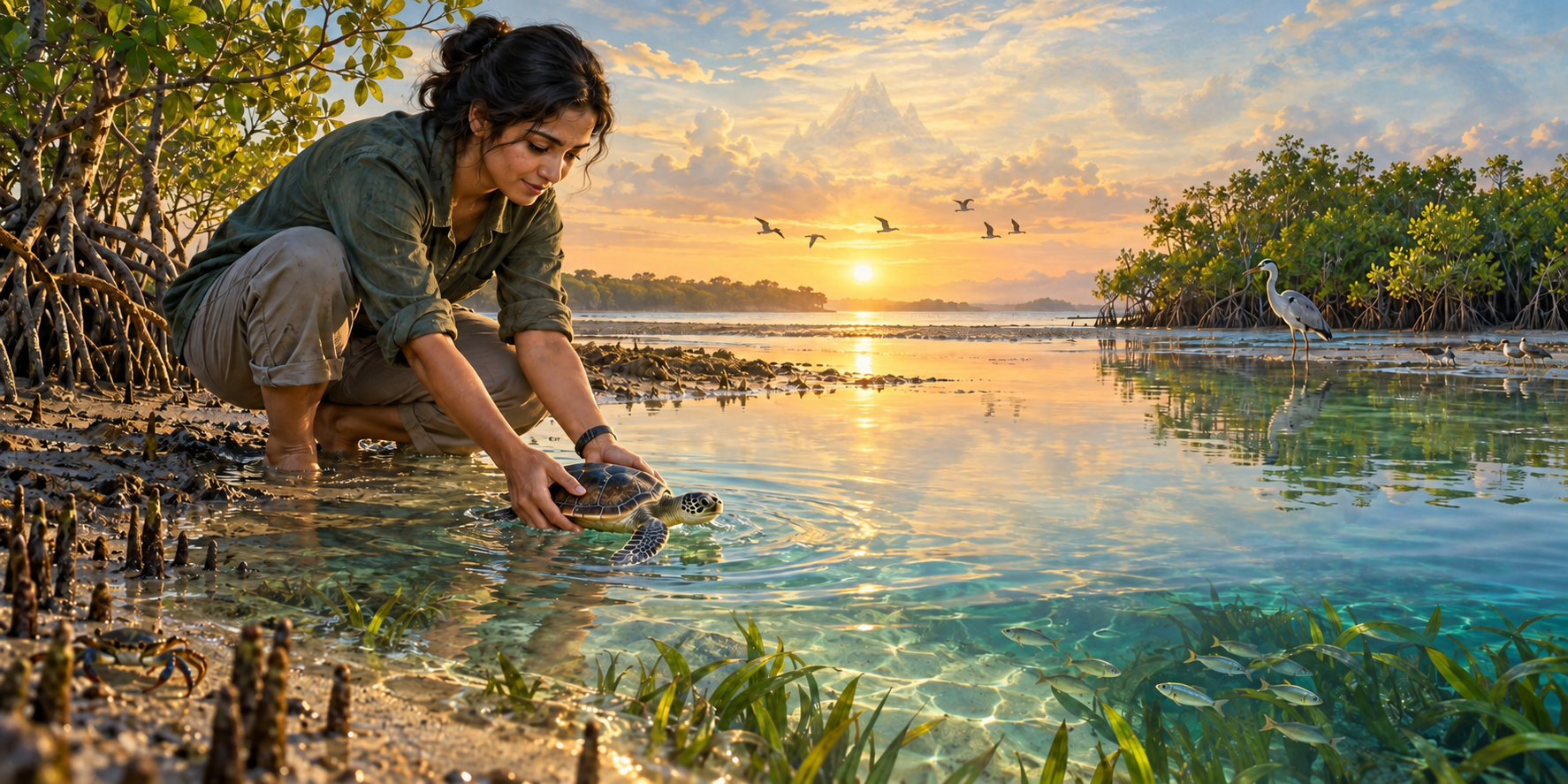 A person releases a turtle into a coastal wetland as faint reflections of Mount Mandara and the churning serpent appear in the water.