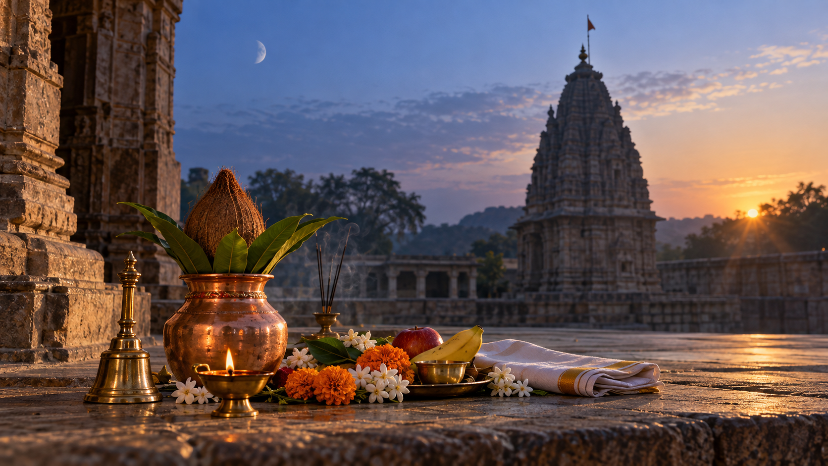 A lit brass diya, copper kalash, flowers, bell, and fruit arranged in a temple courtyard as predawn blue light changes to golden sunrise beneath a faint waning moon.