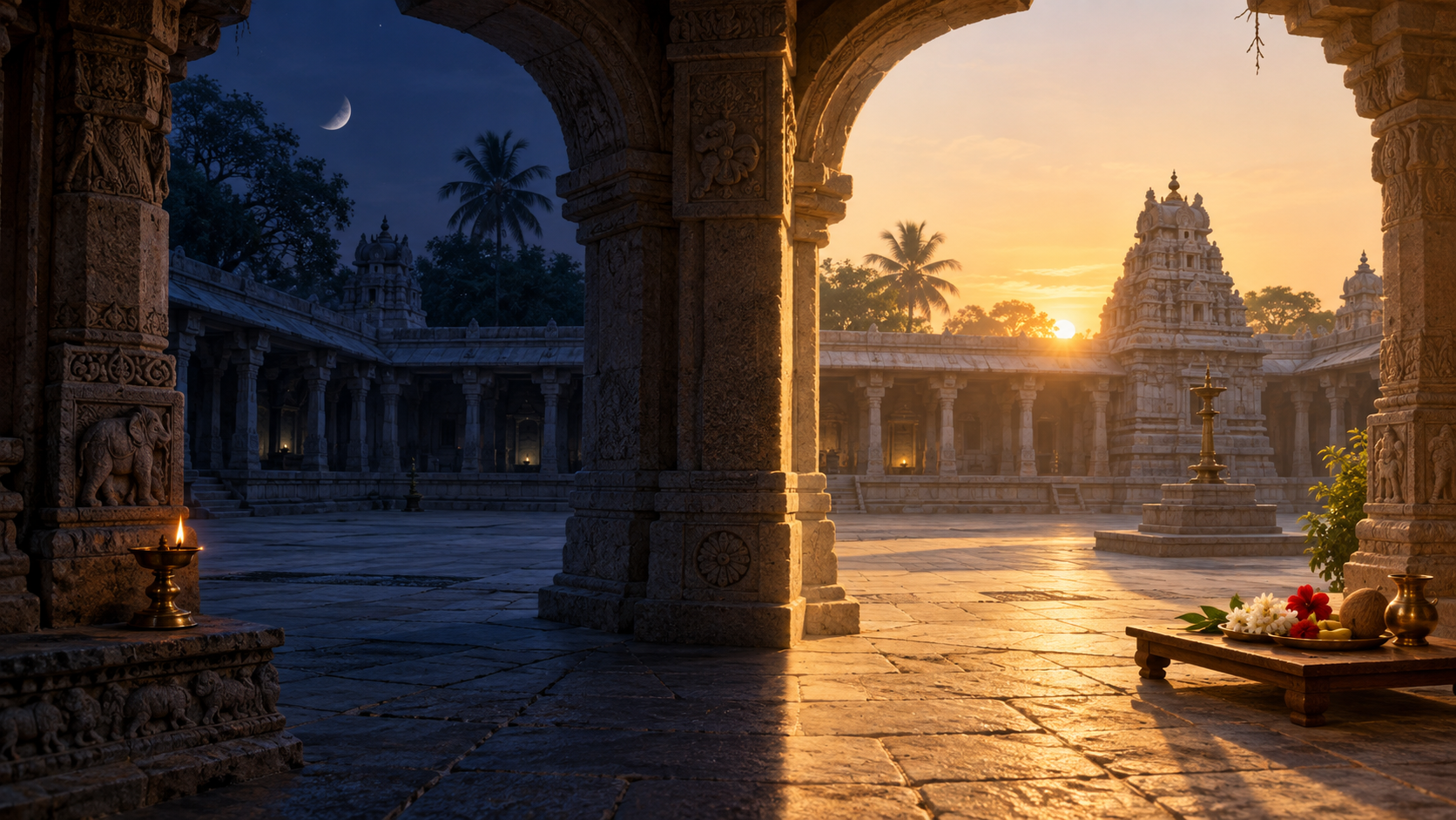 A stone temple arch divides a cool predawn courtyard with a glowing oil lamp from a sunlit courtyard with prepared puja offerings.