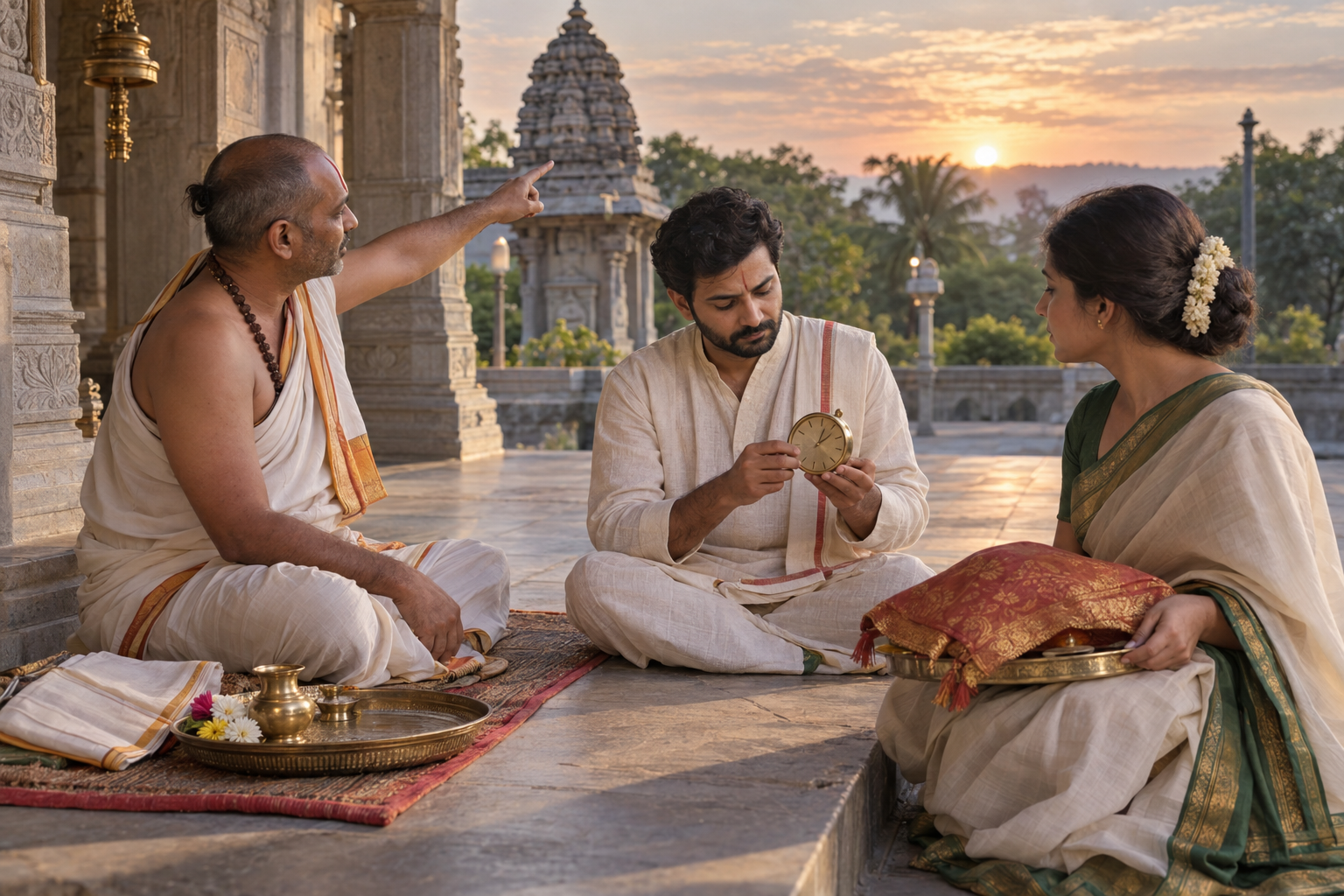 A Hindu priest and two devotees pause beside a covered puja tray while checking an unnumbered brass timepiece on a temple veranda at dawn.