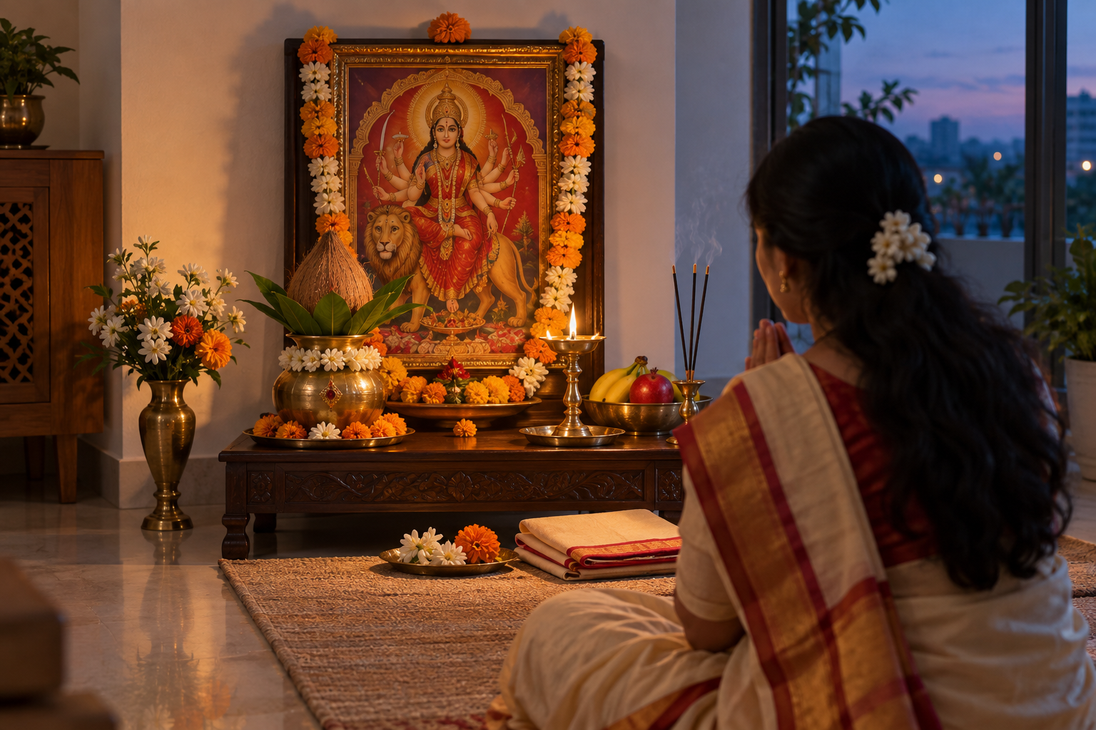 A devotee sits with joined hands before a home Navaratri shrine arranged with a Devi image, kalasha, oil lamp, flowers, incense, and fruit.