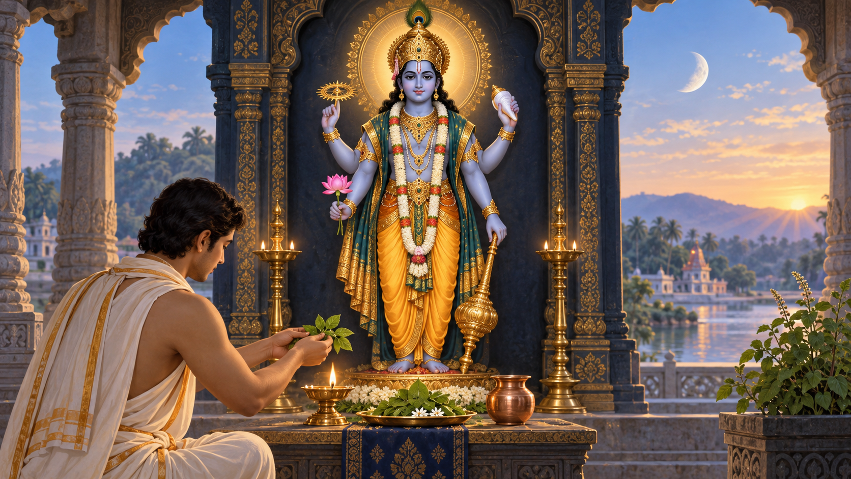 A devotee offers tulsi leaves before a shrine of Lord Vishnu as an oil lamp glows beneath a pale moon at dawn.