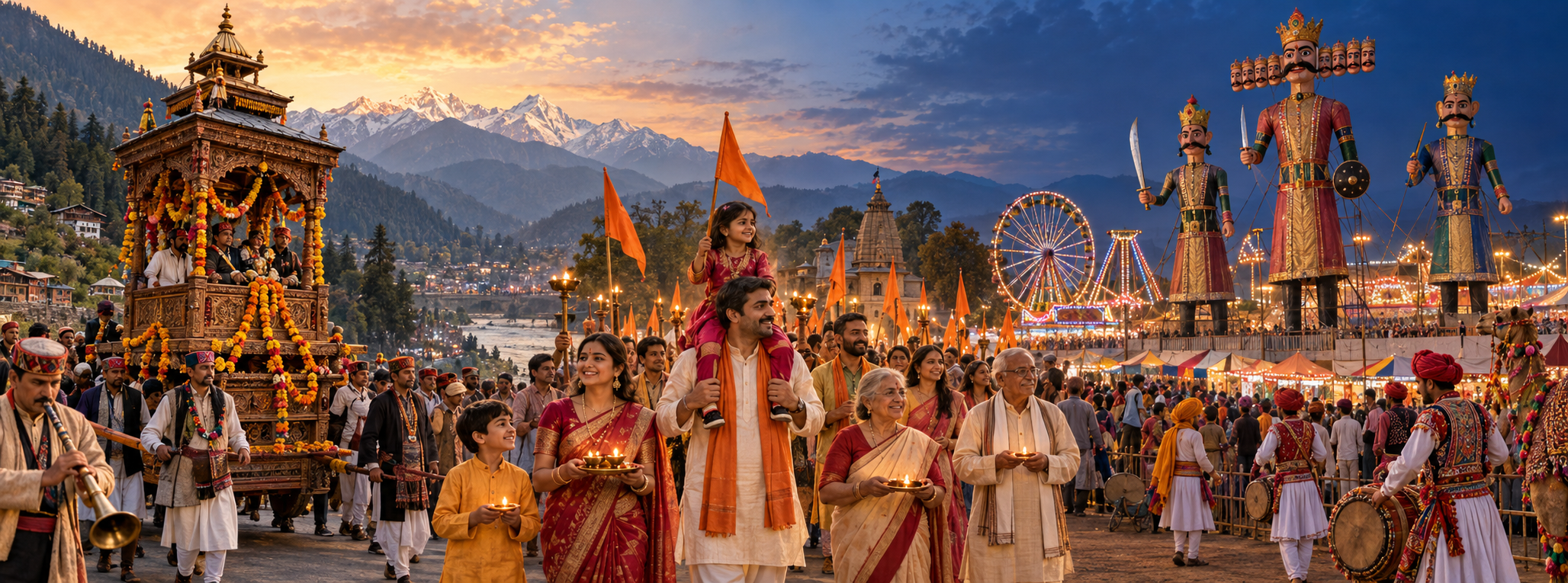 A panoramic Dussehra scene combining a Vijaya Dashami procession, a decorated rath in a Himalayan valley and a Rajasthan fair with three tall effigies.