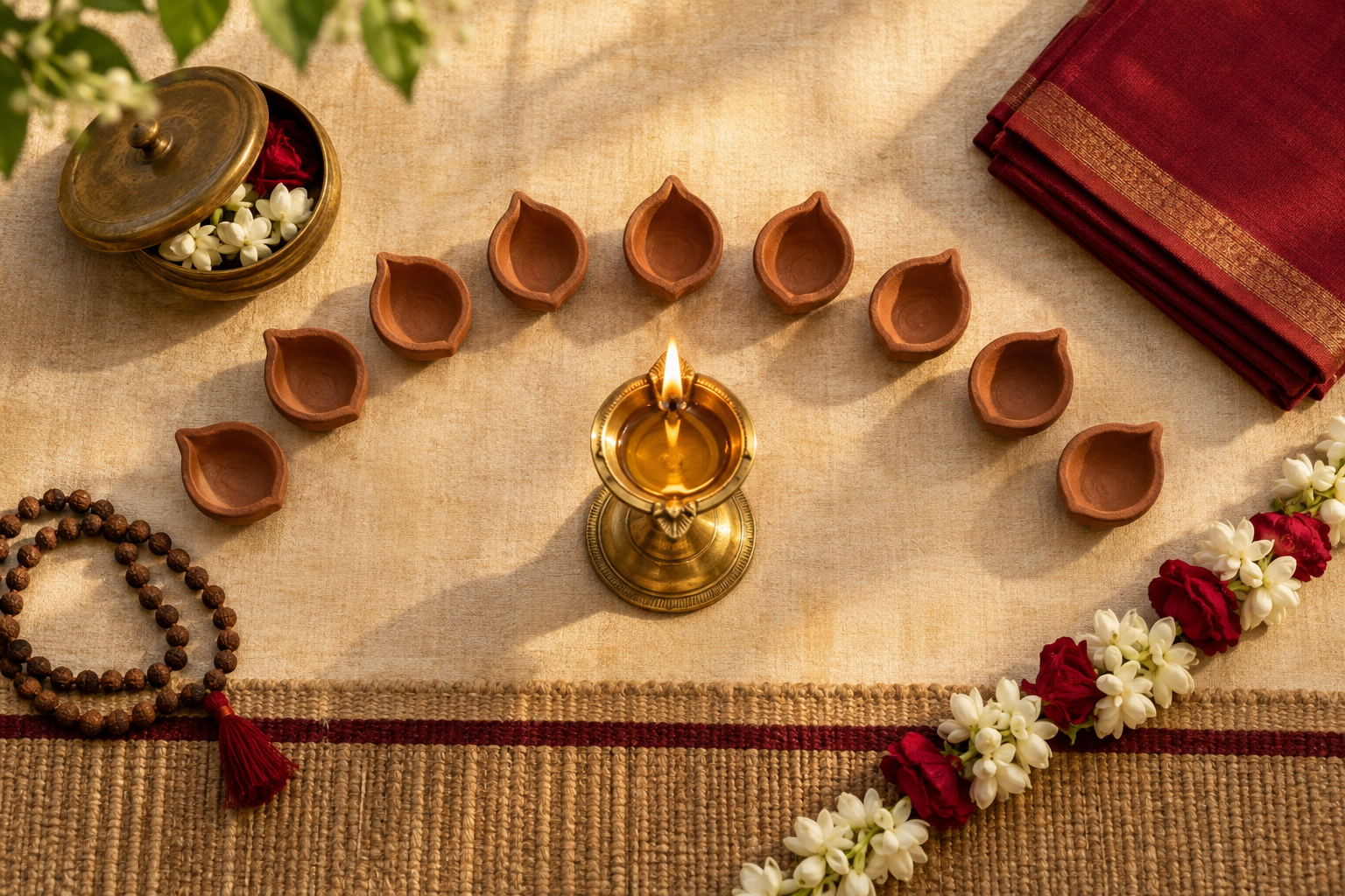 Nine small clay lamps surround a lit brass lamp beside prayer beads, flowers, an offering bowl, a prayer mat, and folded cloth.