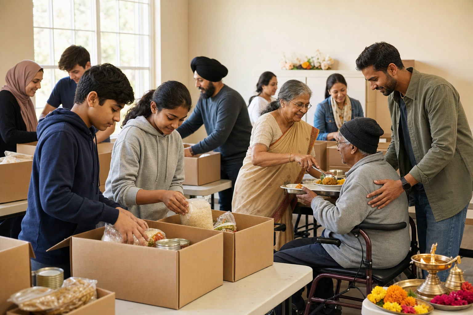 Volunteers of several faith backgrounds prepare food and assist visitors together inside a Hindu community center.