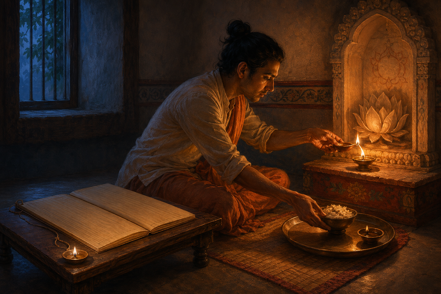 A practitioner beside an unmarked palm-leaf manuscript uses one oil lamp to light a shrine lamp and places a bowl on an offering tray.