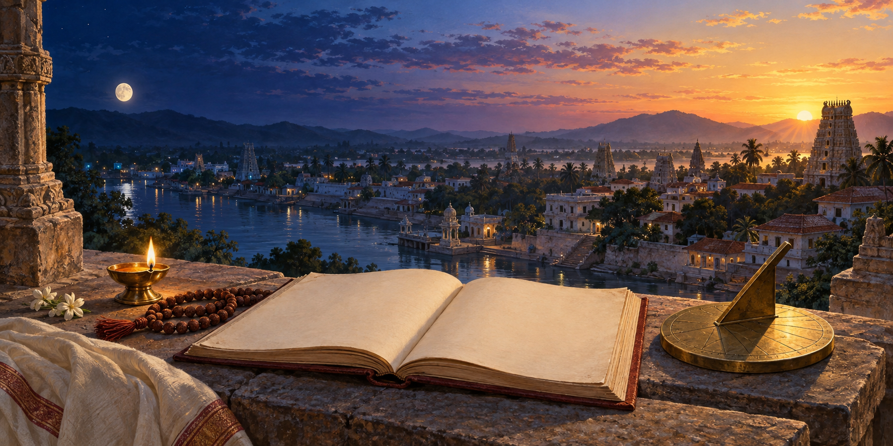 A blank traditional almanac, prayer beads, lamp, and sundial overlook a temple town between moonlit night and sunrise.