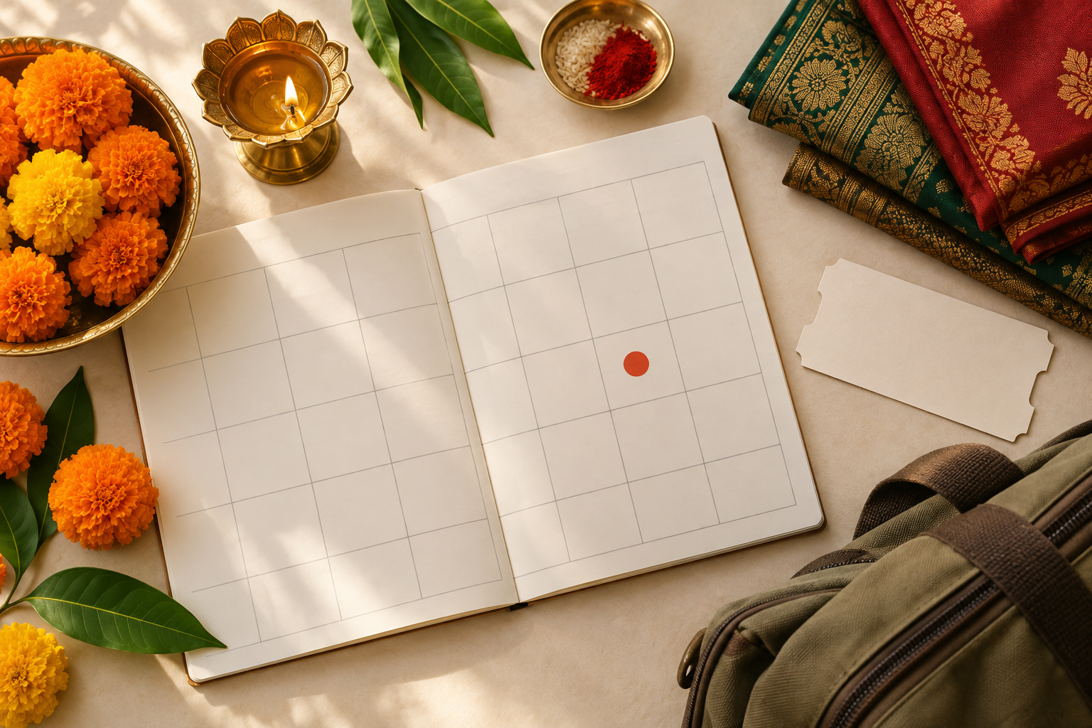 An unnumbered calendar marked with a vermilion circle beside marigolds, a brass lamp, folded textiles and travel items.