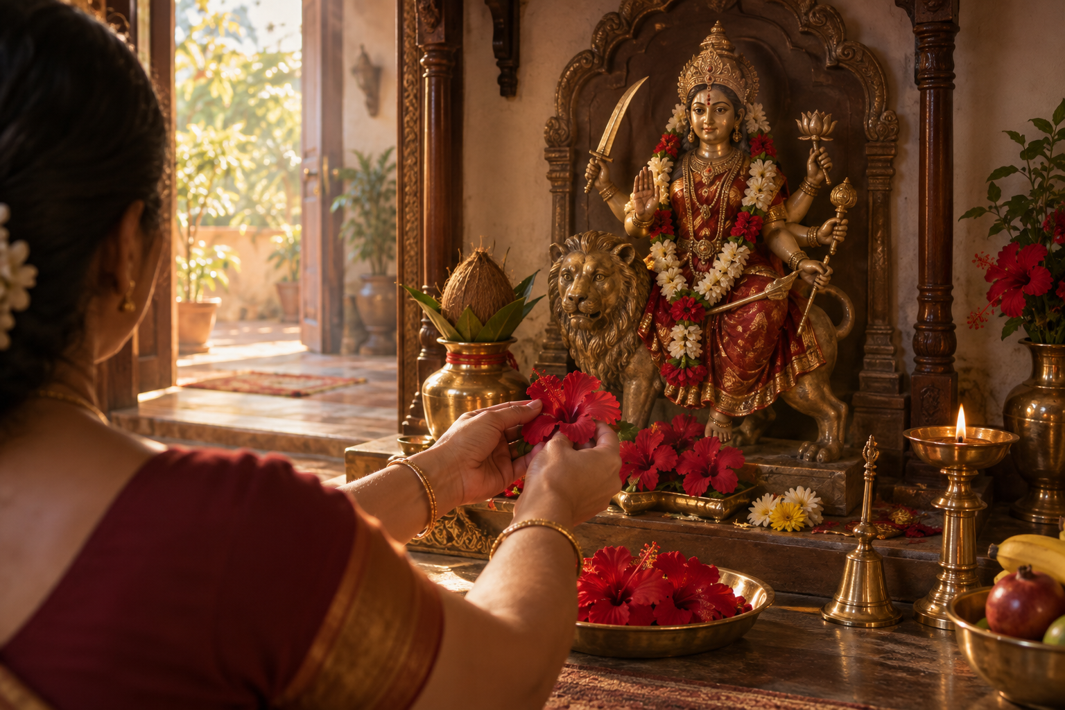 A devotee offers red hibiscus flowers at a Devi Katyayani shrine with a kalasha, oil lamp, bell, and sunlit doorway nearby.