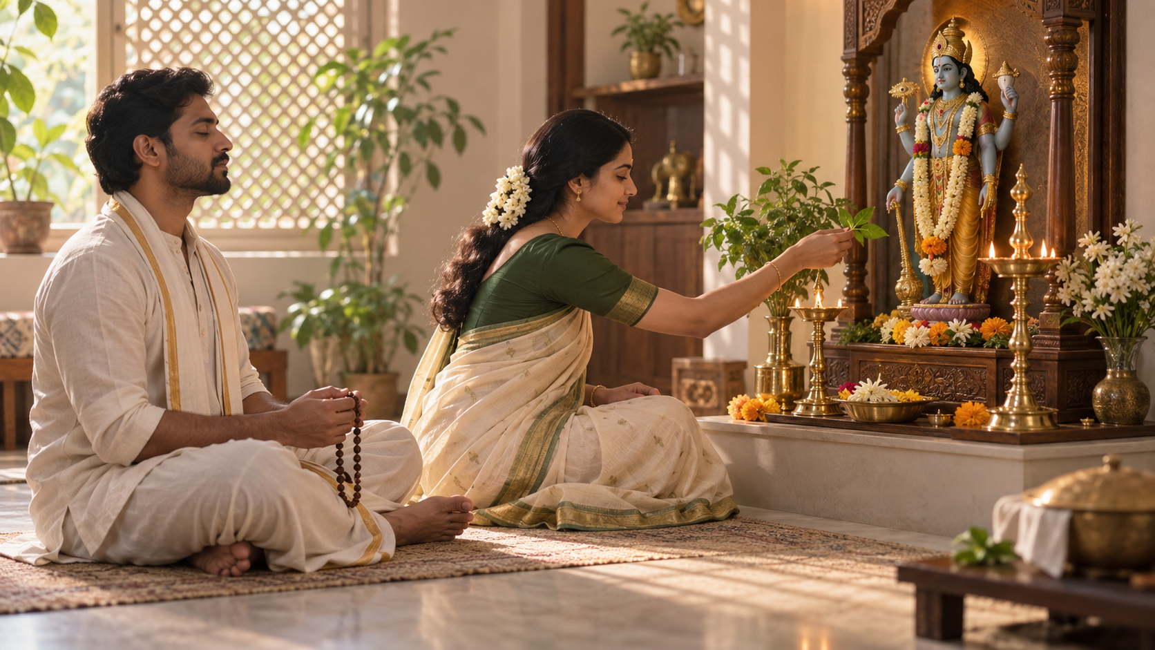 Two devotees pray at a home Vishnu shrine with tulsi leaves, flowers, water, prayer beads, and a small bowl of fasting food nearby.