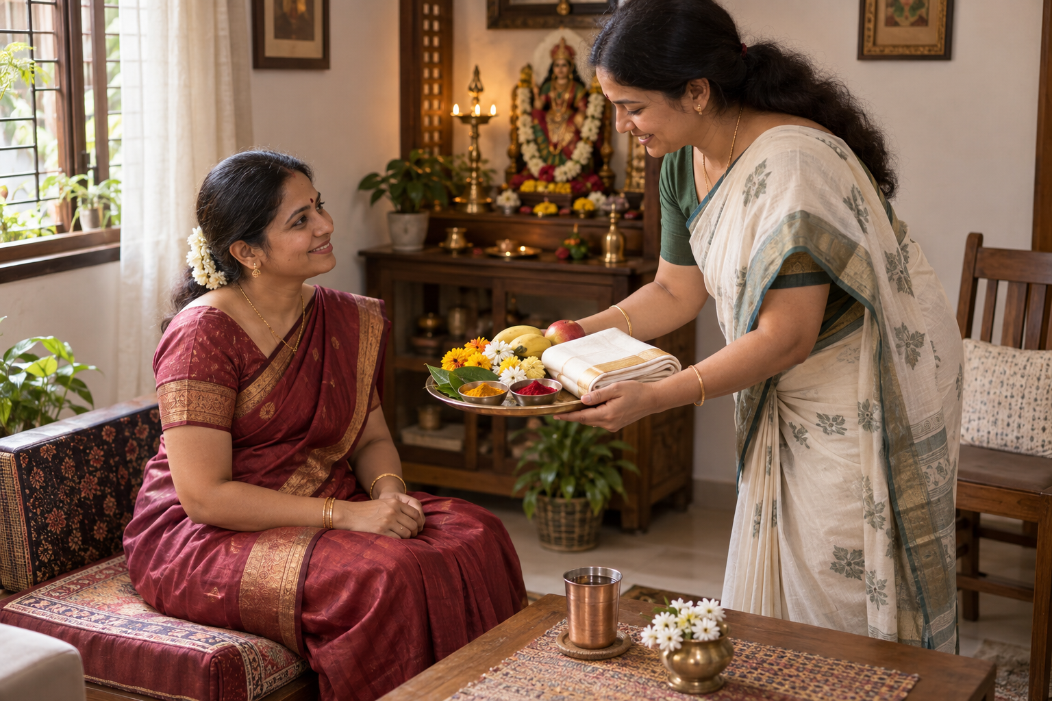 A woman offers a tray of flowers, fruit, turmeric, kumkum, betel leaves, and folded cloth to a seated adult guest during Suvasini Puja.