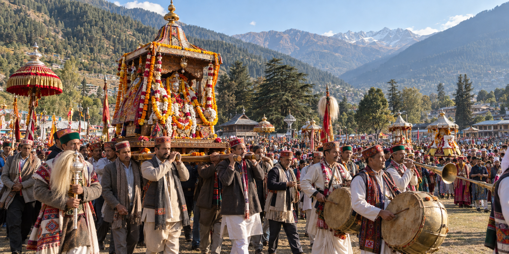 A decorated ceremonial rath and festival procession crossing an open ground in a cedar-covered Himalayan valley.