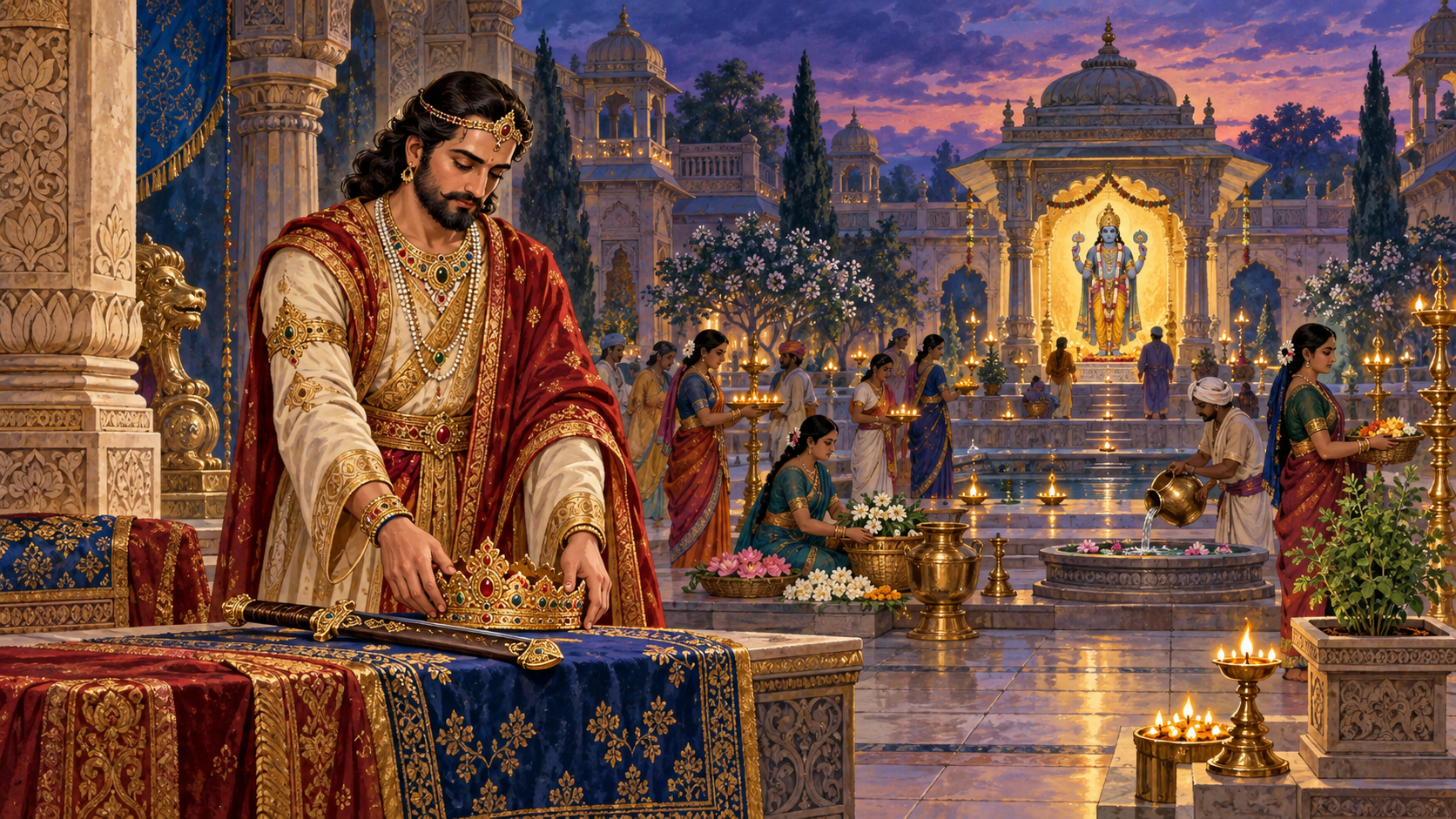 King Rukmanga sets aside his crown and sword while the royal household prepares lamps and offerings for Vishnu worship.