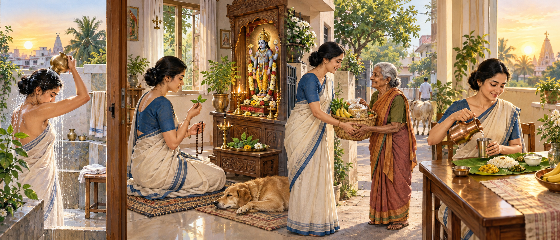 A continuous scene shows a devotee preparing for worship, praying with tulsi and beads, giving charity, and ending the fast the next morning.