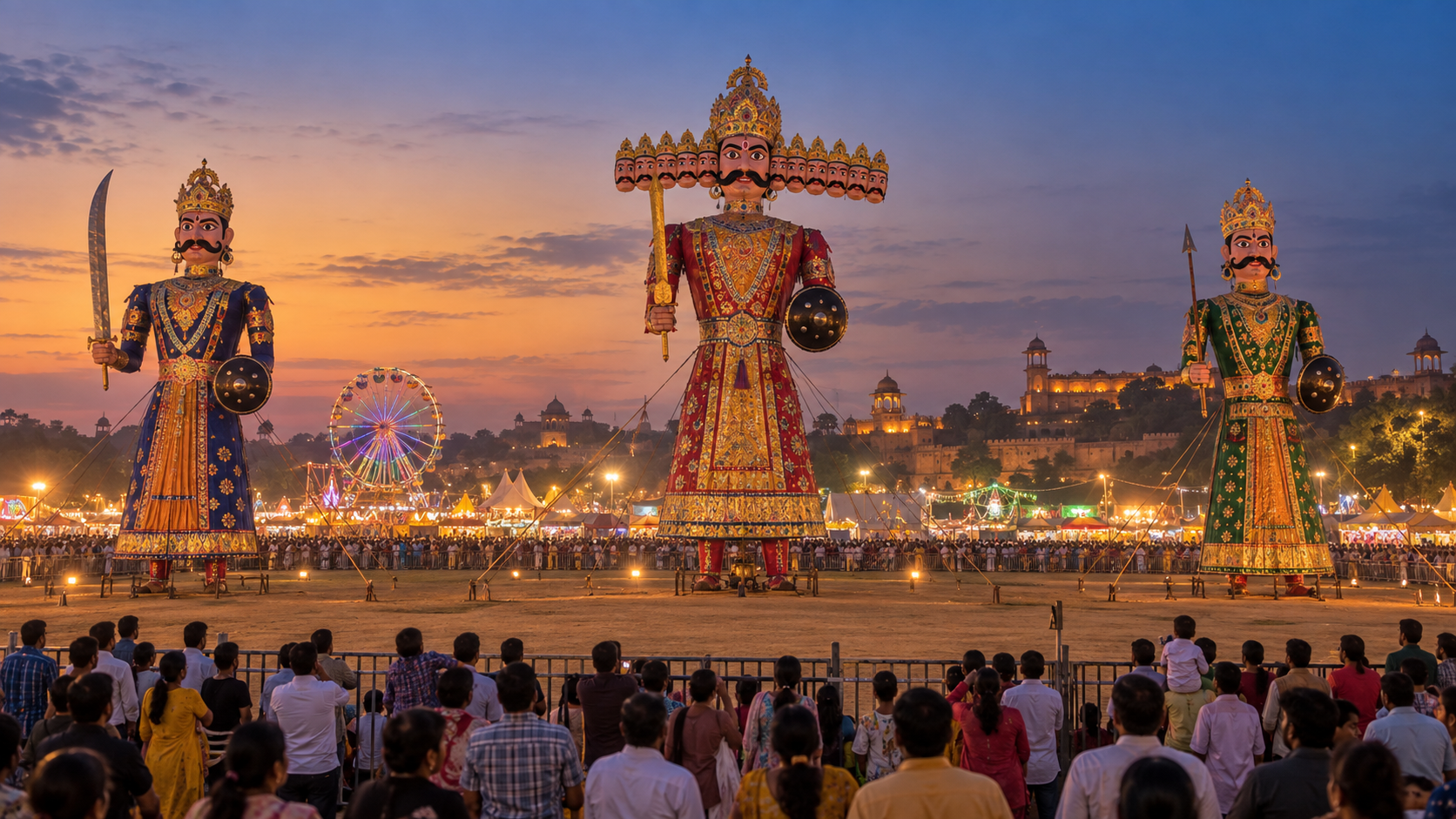Three towering Dussehra effigies stand at a Rajasthan fairground as families gather under illuminated rides at twilight.