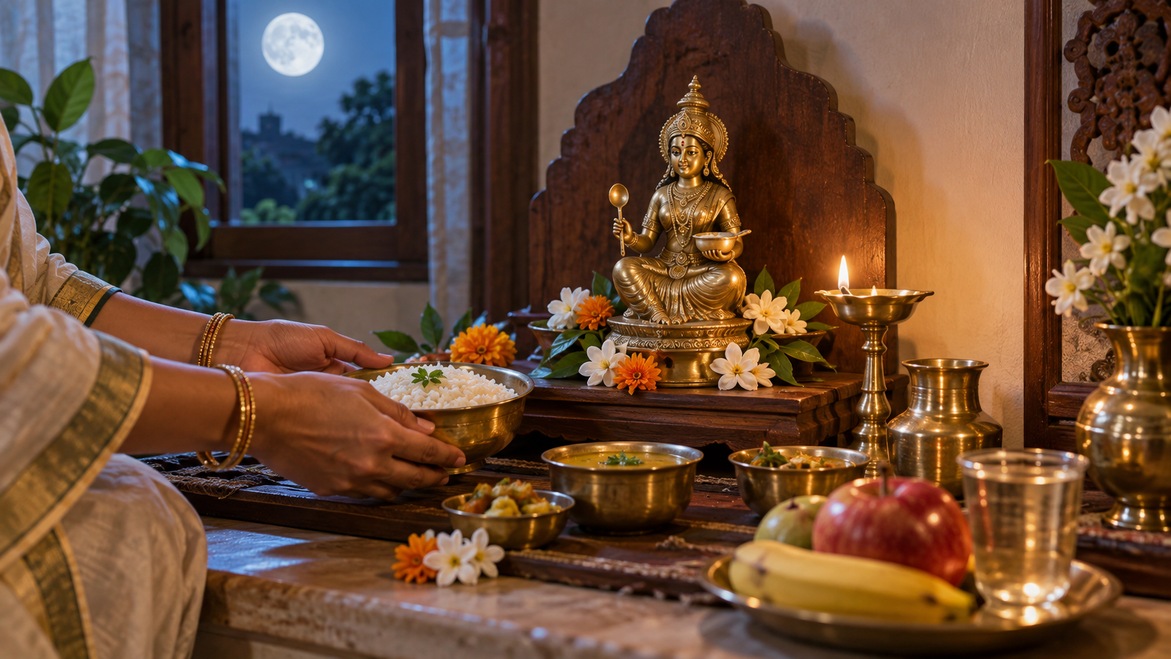 A home altar for Goddess Annapurna with a brass murti, an oil lamp, flowers, and bowls of freshly prepared food.