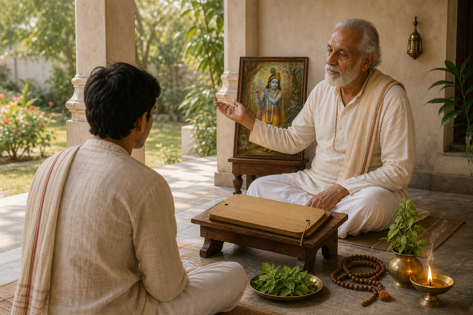 A seated devotee listens to an elderly teacher beside prayer beads, tulsi leaves, an oil lamp, and a small image of Krishna.