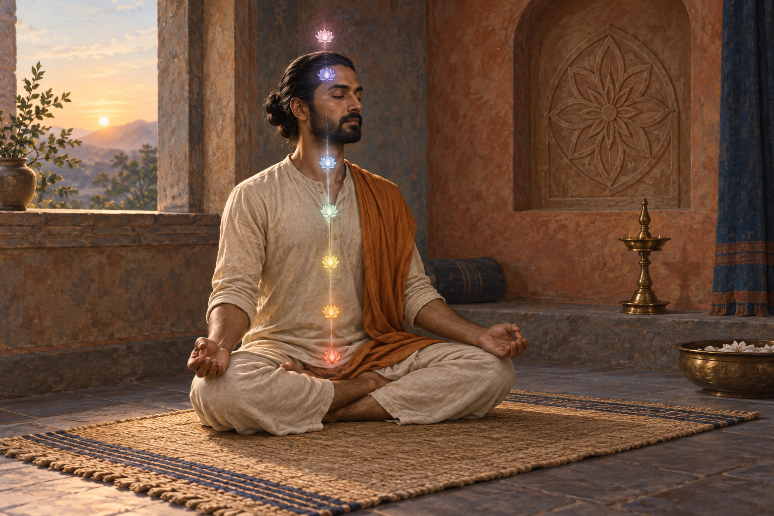 A seated yoga practitioner with seven subtle lotus-like lights rising along the body's central axis in a quiet, warm-toned room.