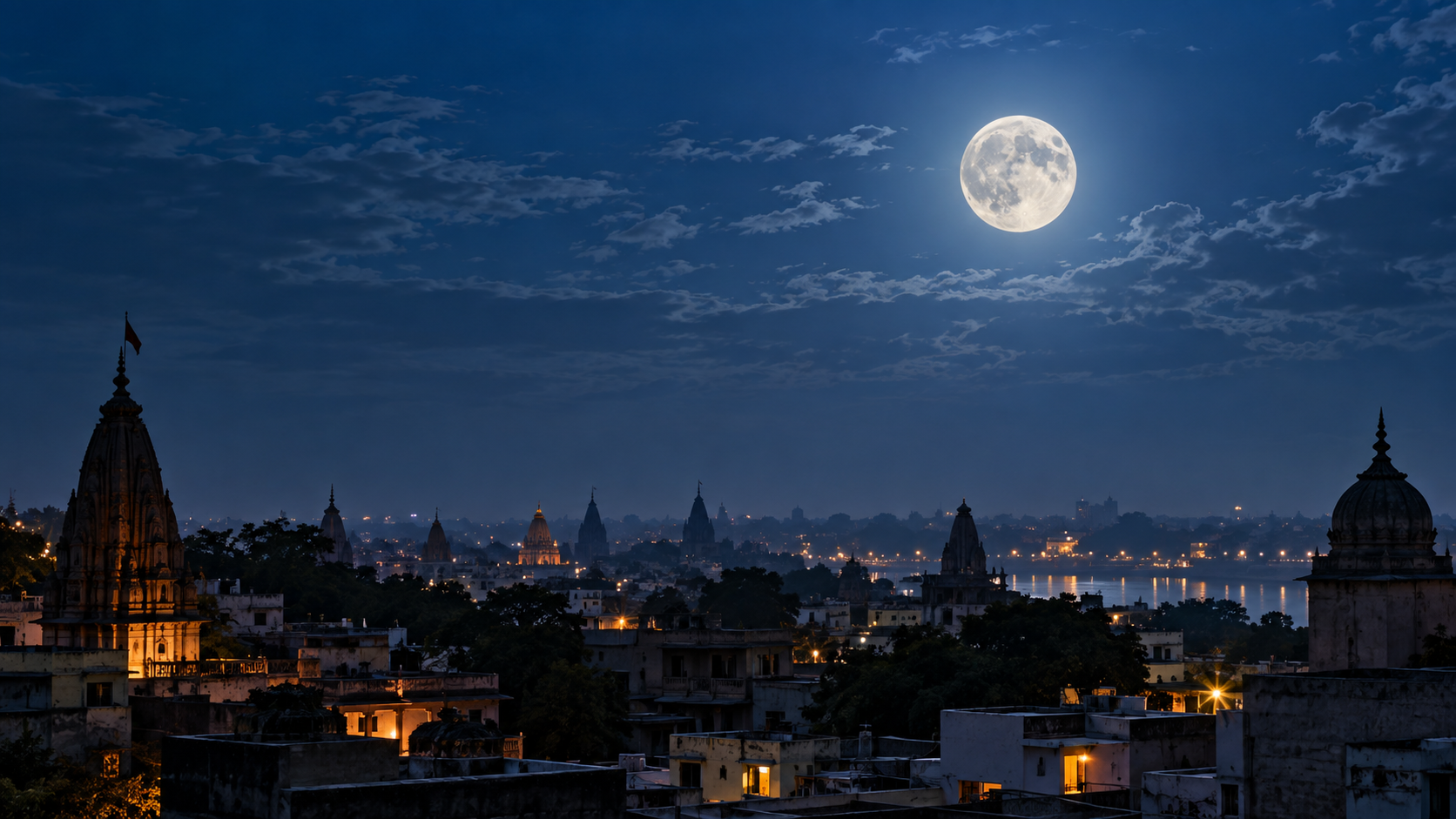 A bright full moon above temple spires and warmly lit homes on a clear evening.