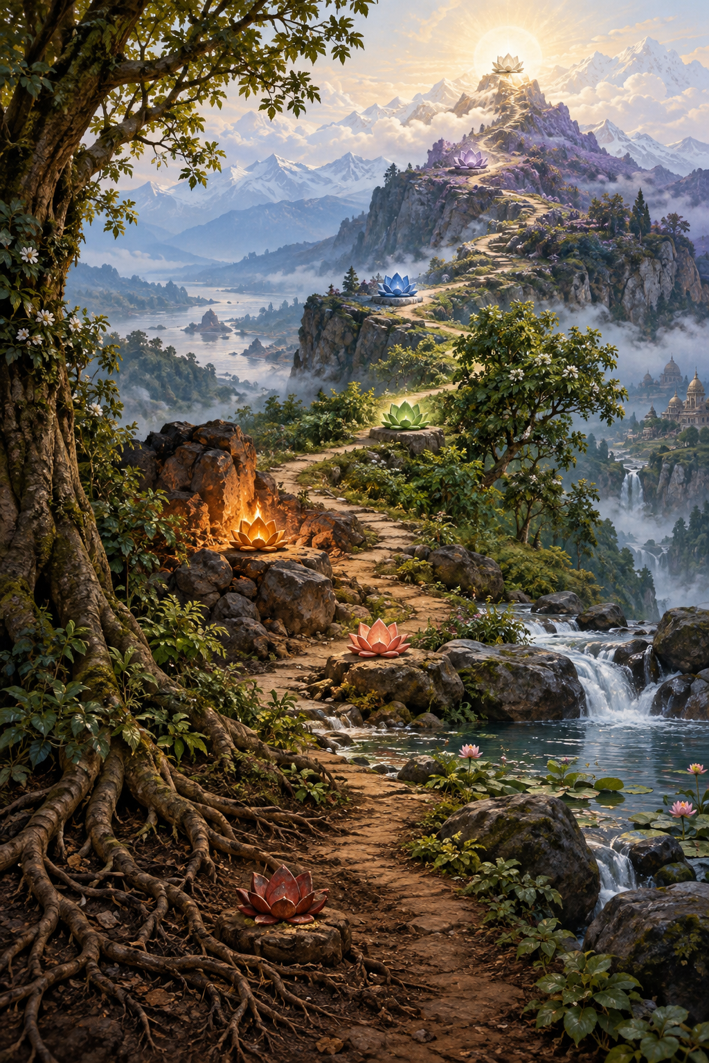 A rising landscape path marked by seven small lotus forms, moving from rooted earth toward a bright open sky.
