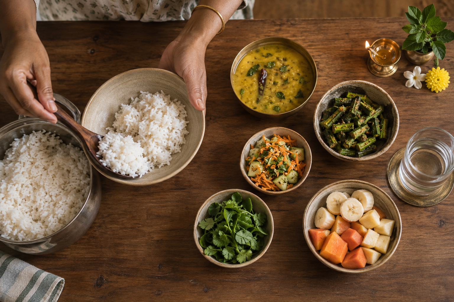 Hands carefully portion rice beside bowls of dal, vegetables, fruit, water, flowers, and a small oil lamp.