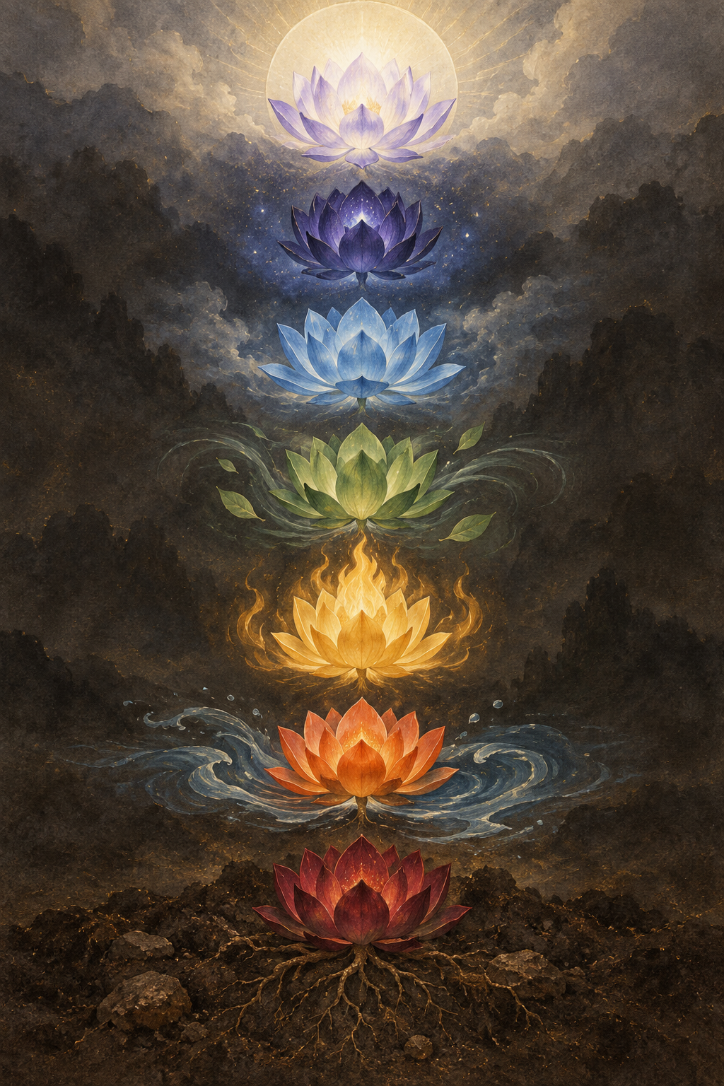 Seven differently colored lotus forms rise vertically from an earthen base into a pale luminous halo.