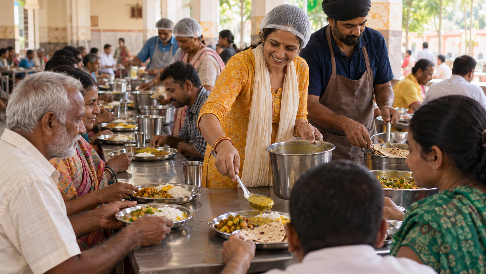 Volunteers serve a simple vegetarian meal to guests seated together in a community dining area.