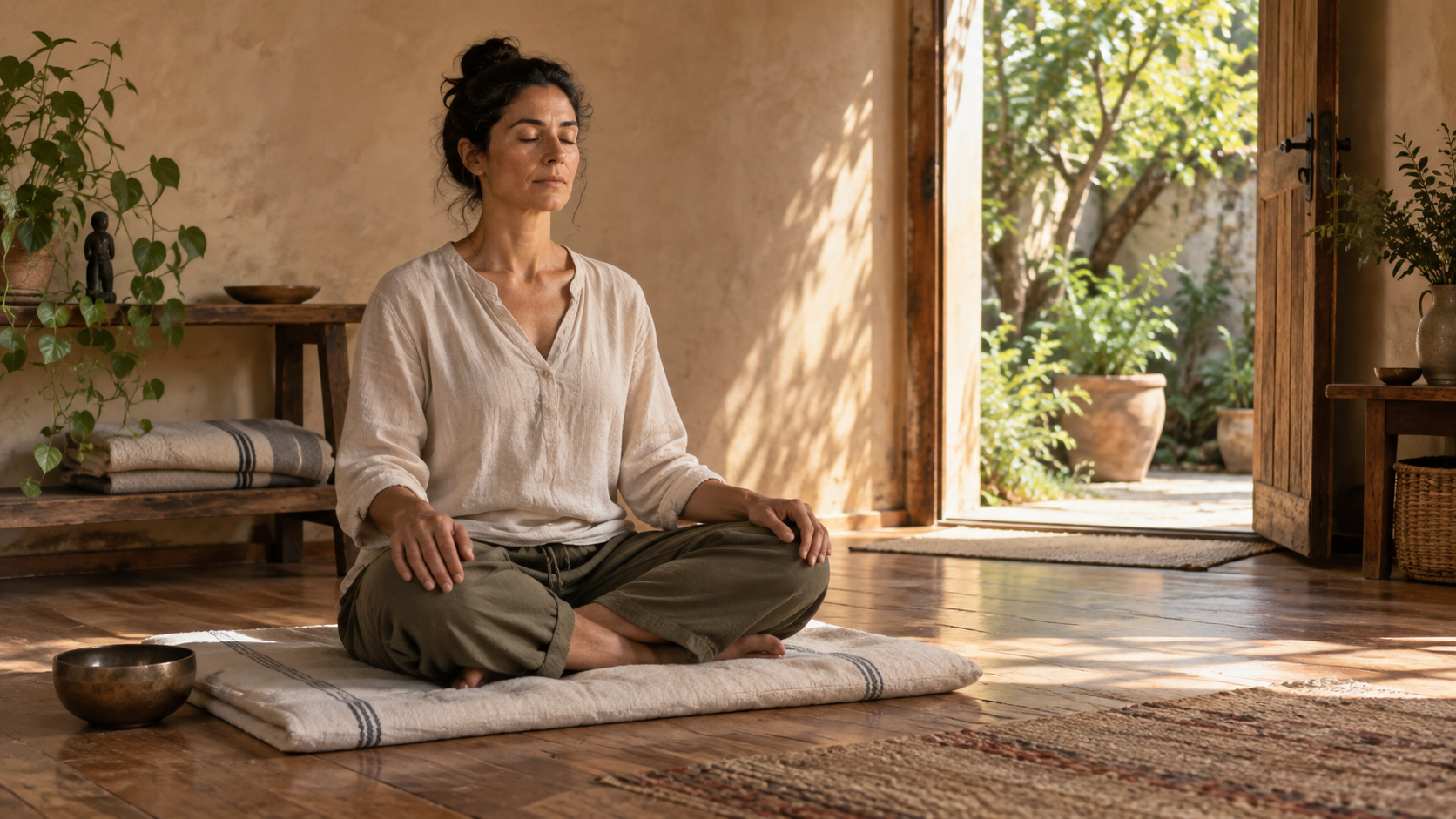 A person meditates upright on a folded mat in a simple room lit by soft morning sunlight.