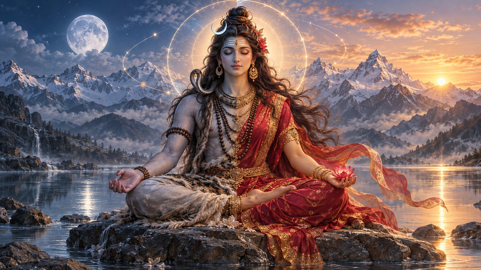 An androgynous Shiva-Shakti figure sits in a Himalayan landscape, blending cool ascetic details with warm red-and-gold adornment in one continuous form.
